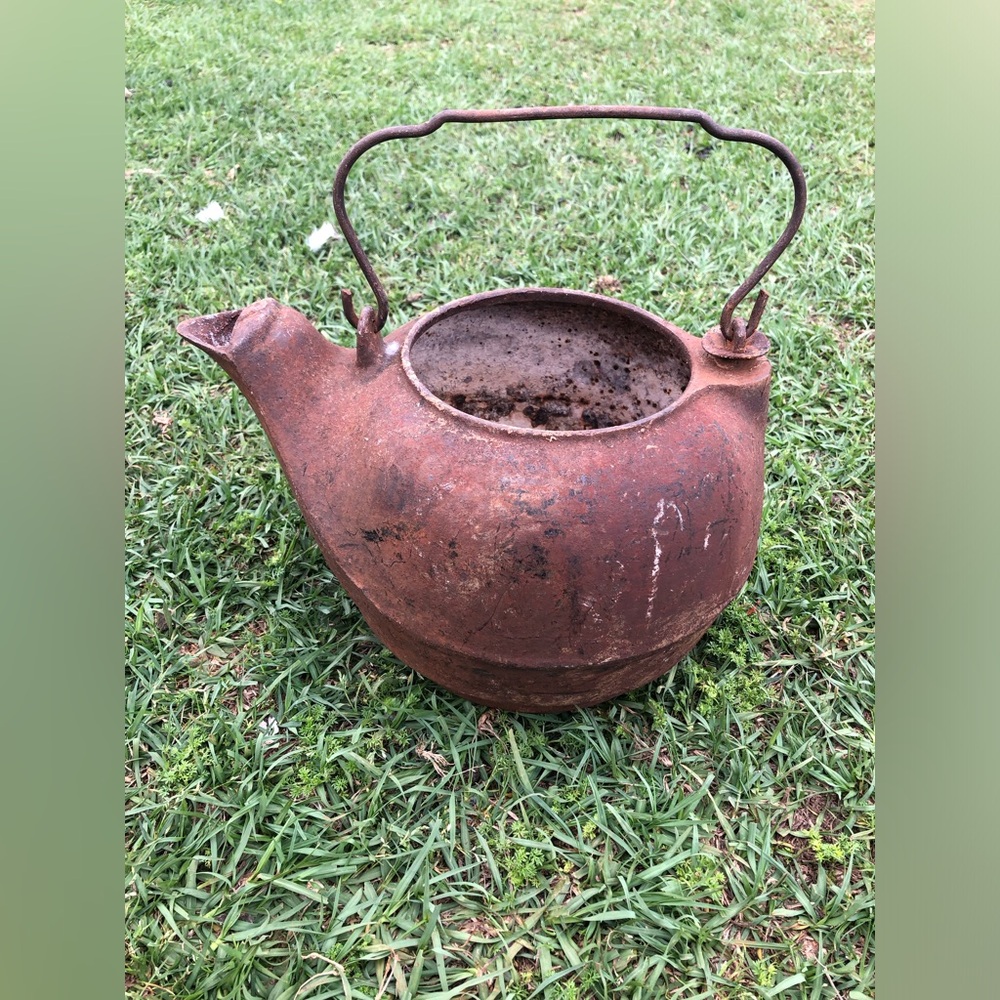 Antique Cast Iron Tea Kettle No Lid, Primitive Farmhouse Decor Rustic As Is